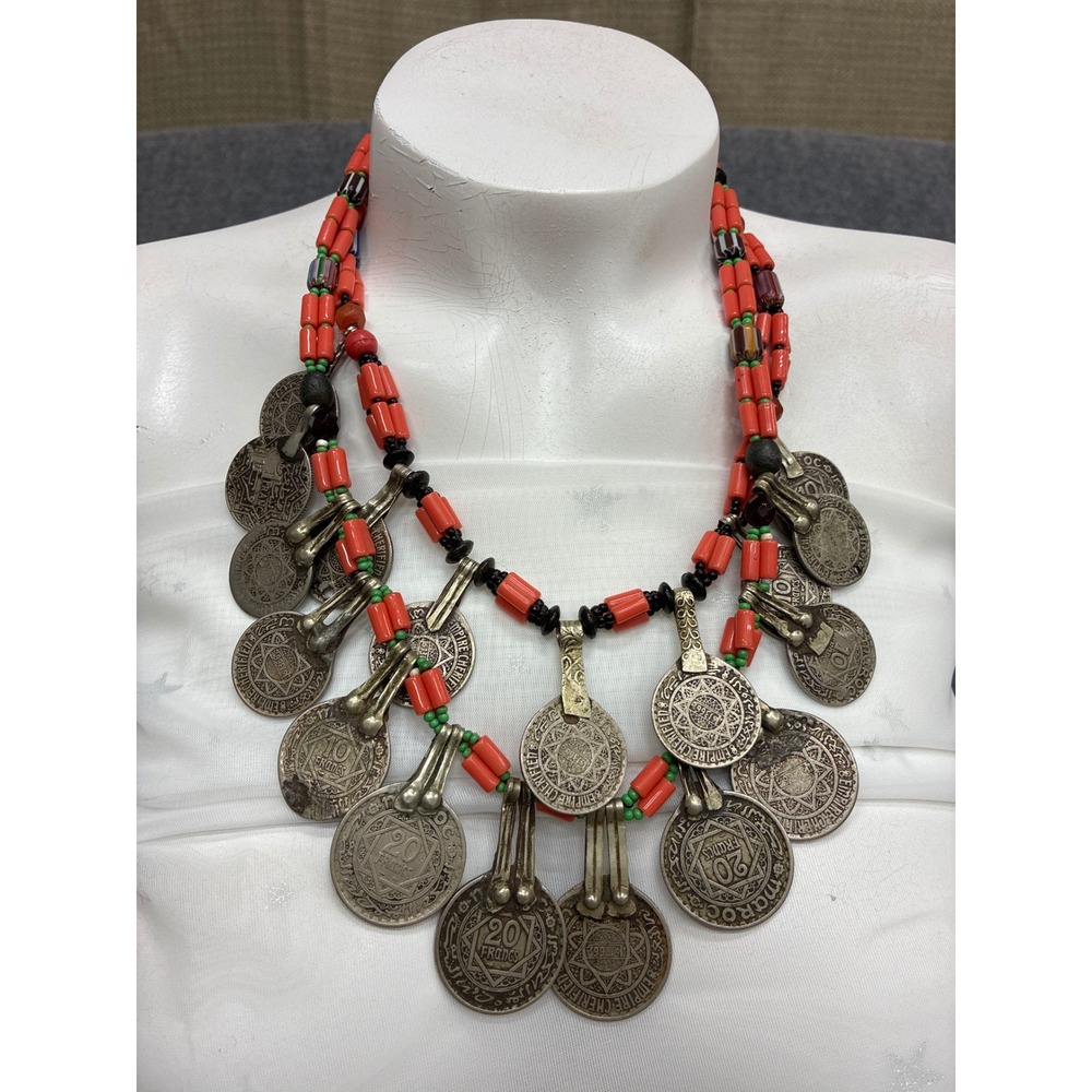 Vintage Moroccan Berber Coin Necklace Red Coral Style Beads Tribal Statement